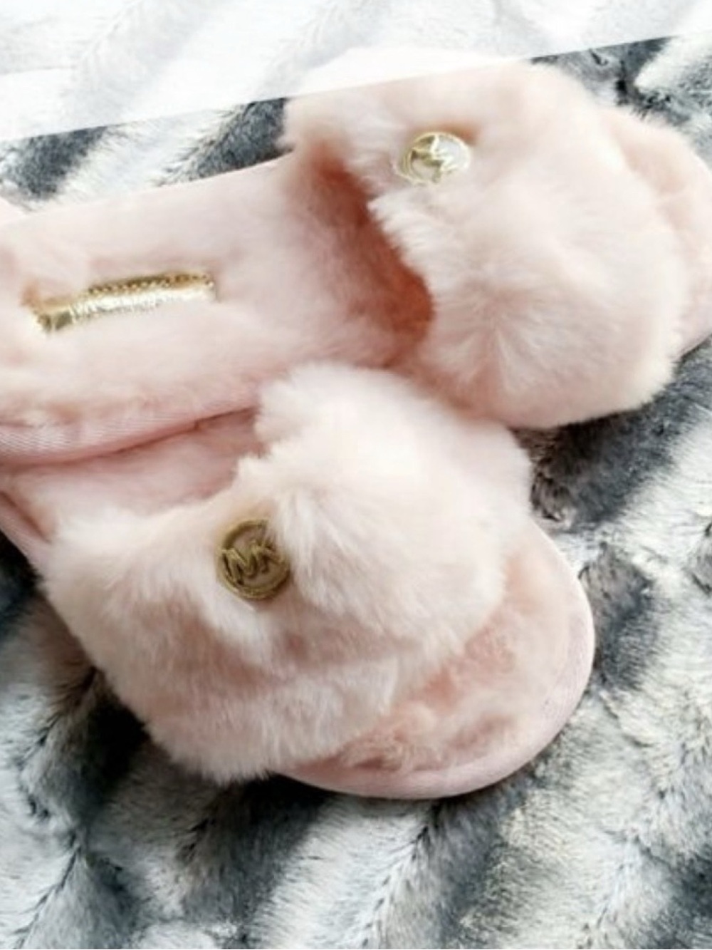 Michael Kors Soft Pink Faux Fur Slide with Gold MK Accent